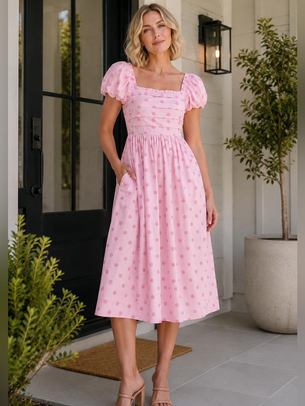 Pink Polka Cotton Print Short Sleeves Midi Dress